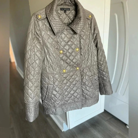 Via Spiga Gray Puffer Jacket Gold Buttons Women’s Large NWOT - Picture 1 of 12